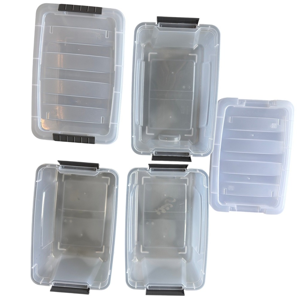 Set of 4 Clear Plastic Storage Bins with Latching Lids Gray Handles Stackable